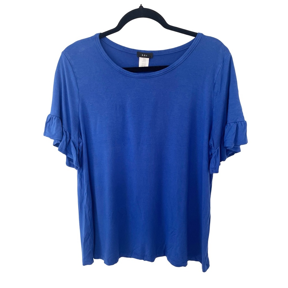 Royal Blue Flutter Sleeve Top Large Rayon Blend Soft Stretch - Picture 2 of 6